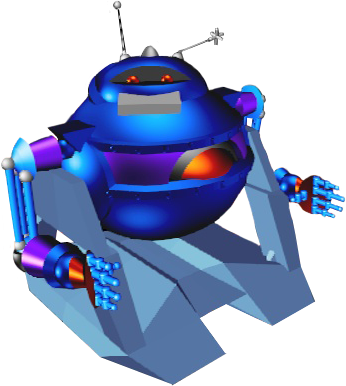 A chunky blue and grey robot