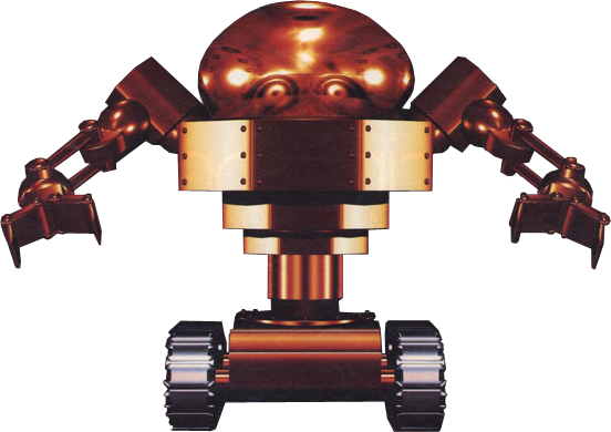 A chunky bronze robot with arms outstretched
