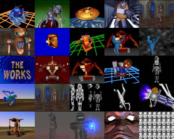 A grid of various CGI scenes of robots and humans